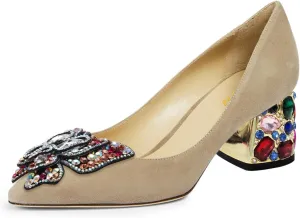 YDN Women's Pointed Toe Bow Pumps Colorful Rhinestone Block Low Heel Butterfly Slip On Fashion Party Dance Shoes Size 4-15 US