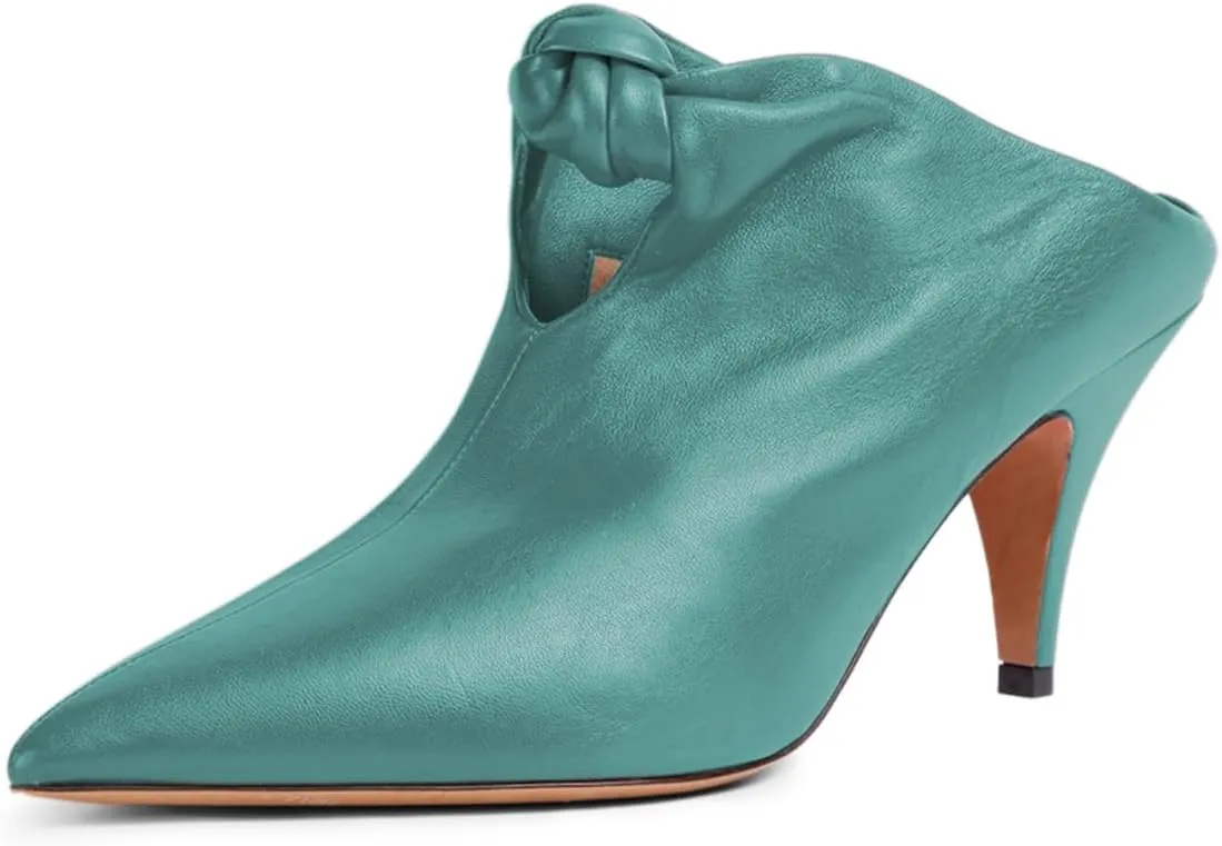 YDN Women's Pointed Toe Kitten Heeled Clogs Mules Knots Slip On Low Heel Sandals Comfy Walking Party Shoes Size 4-16 US