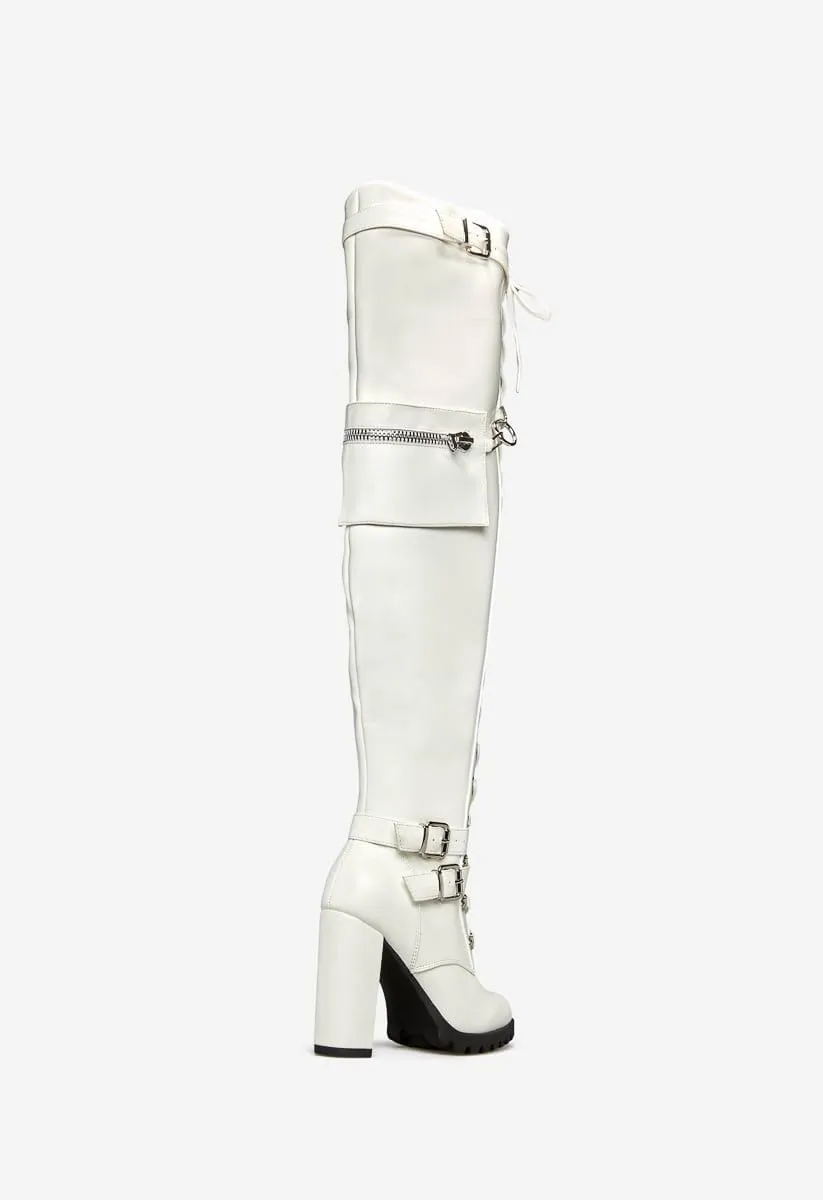 Yishaweiqi Buckle Strap Wide Calf Thigh High Boots for Women Chunky Block High Heel Over The Knee Boots Lace up Riding Combat Boots Ladies Side Zipper Tall Long Boots