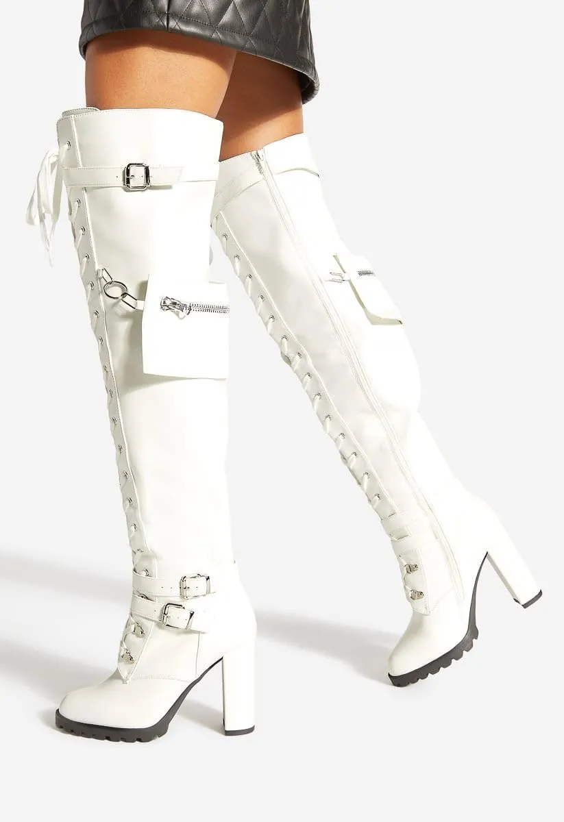 Yishaweiqi Buckle Strap Wide Calf Thigh High Boots for Women Chunky Block High Heel Over The Knee Boots Lace up Riding Combat Boots Ladies Side Zipper Tall Long Boots