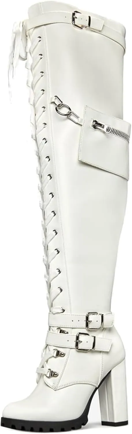 Yishaweiqi Buckle Strap Wide Calf Thigh High Boots for Women Chunky Block High Heel Over The Knee Boots Lace up Riding Combat Boots Ladies Side Zipper Tall Long Boots