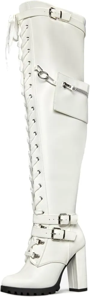 Yishaweiqi Buckle Strap Wide Calf Thigh High Boots for Women Chunky Block High Heel Over The Knee Boots Lace up Riding Combat Boots Ladies Side Zipper Tall Long Boots