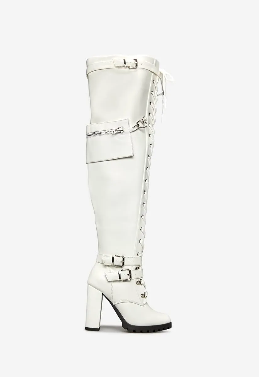 Yishaweiqi Buckle Strap Wide Calf Thigh High Boots for Women Chunky Block High Heel Over The Knee Boots Lace up Riding Combat Boots Ladies Side Zipper Tall Long Boots