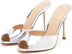 Yishaweiqi Women's Mesh Heeled Sandals Peep Toe Mules Slip on Stiletto High Heels Dress Sexy Slide Sandals