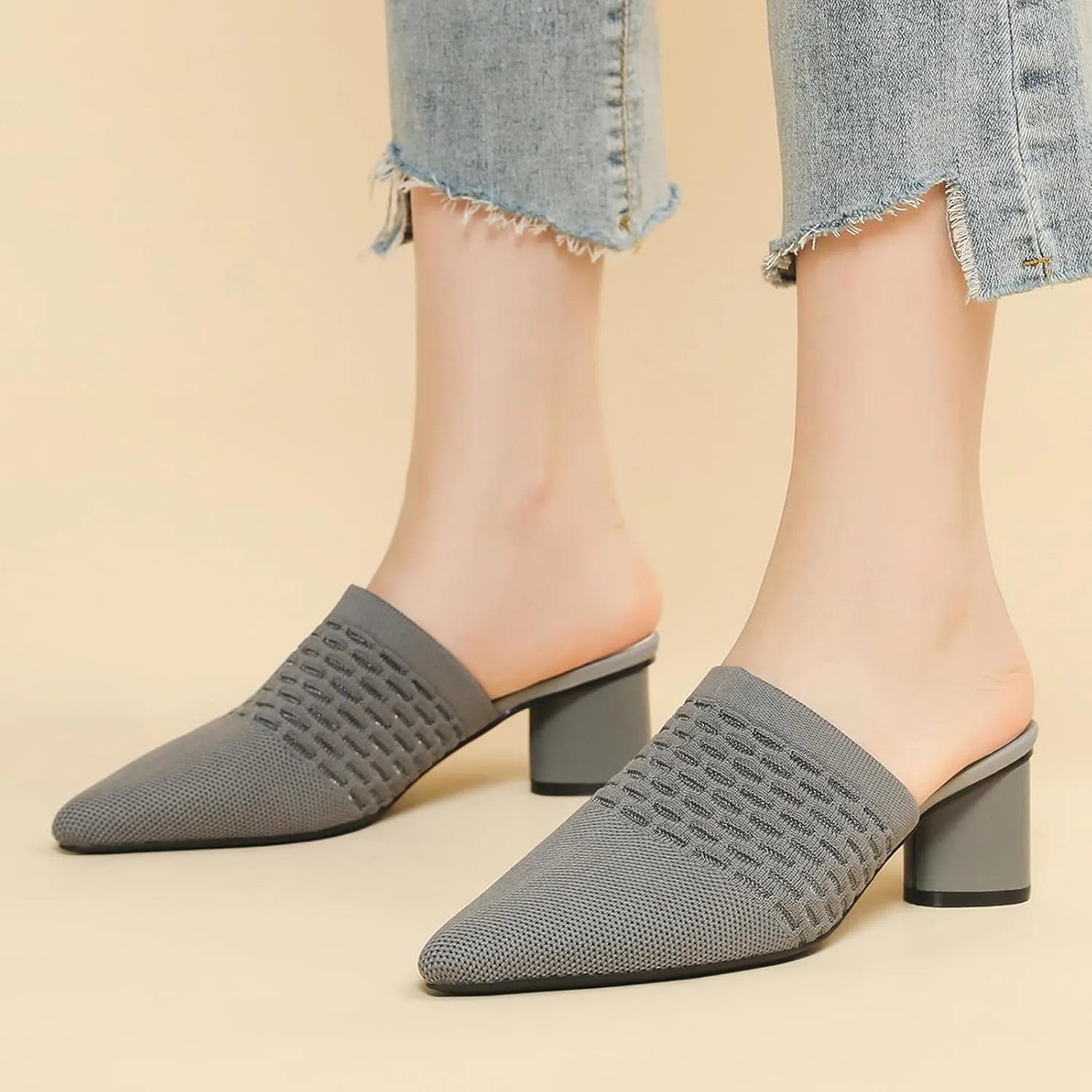 Zeberfi Women's Knit Closed Pointed Toe Low Chunky Heel Mules Fashion Mesh Breathable Slingback Slip-on Pumps Sandals Summer Comfortable Prom Party Dress Shoes