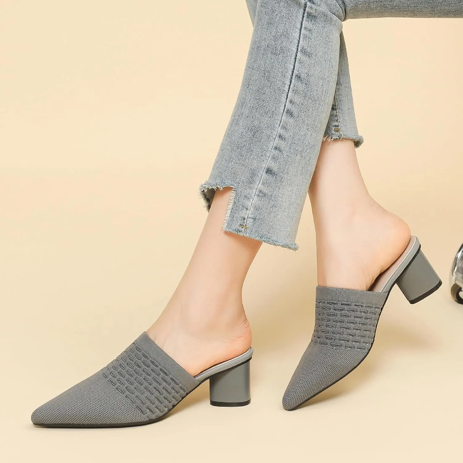 Zeberfi Women's Knit Closed Pointed Toe Low Chunky Heel Mules Fashion Mesh Breathable Slingback Slip-on Pumps Sandals Summer Comfortable Prom Party Dress Shoes