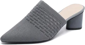 Zeberfi Women's Knit Closed Pointed Toe Low Chunky Heel Mules Fashion Mesh Breathable Slingback Slip-on Pumps Sandals Summer Comfortable Prom Party Dress Shoes