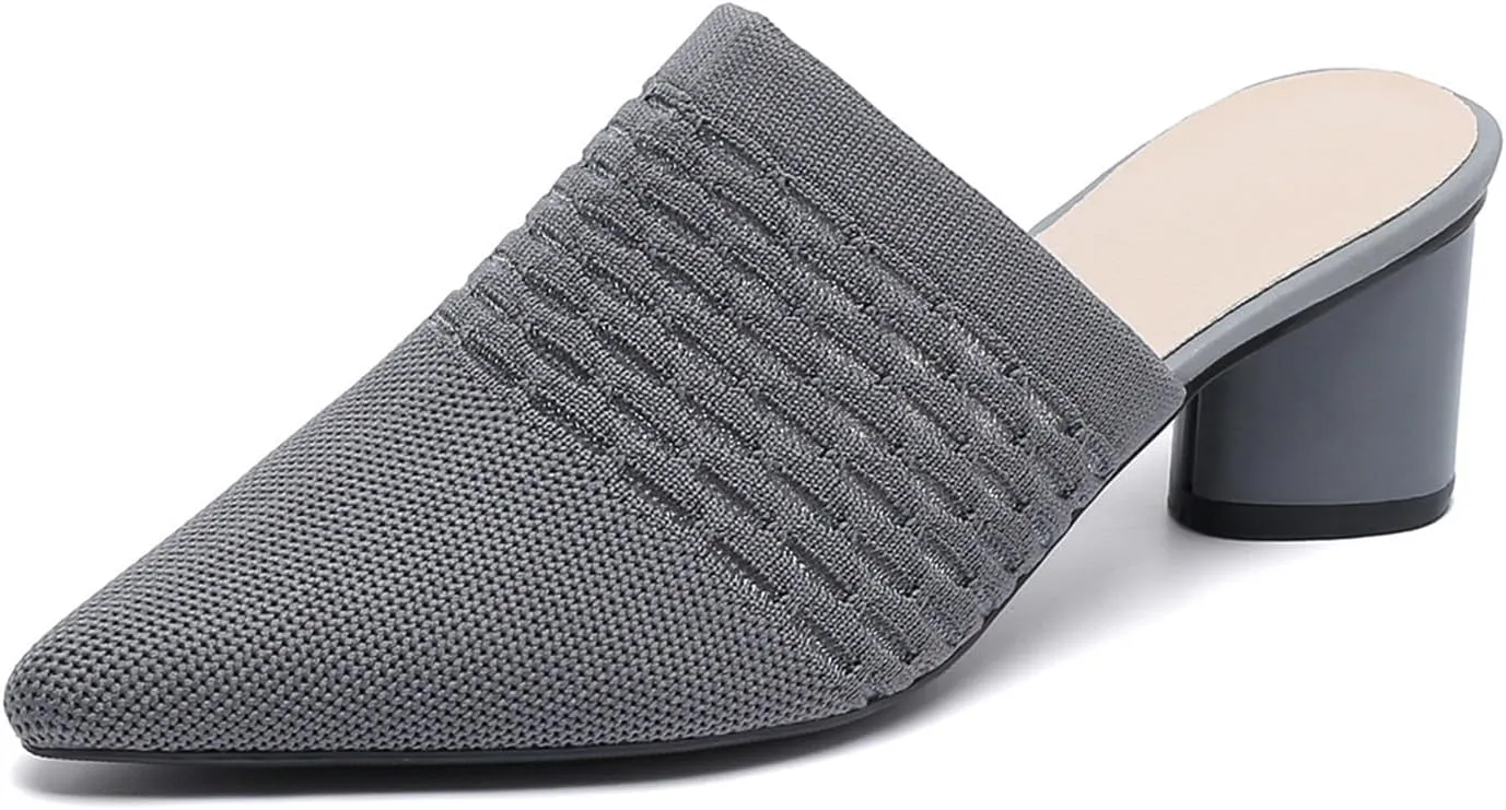 Zeberfi Women's Knit Closed Pointed Toe Low Chunky Heel Mules Fashion Mesh Breathable Slingback Slip-on Pumps Sandals Summer Comfortable Prom Party Dress Shoes