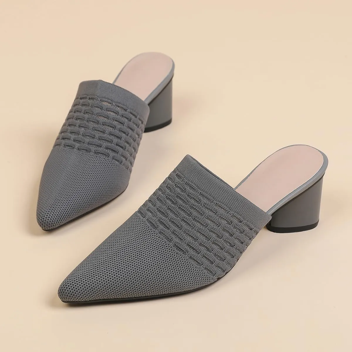 Zeberfi Women's Knit Closed Pointed Toe Low Chunky Heel Mules Fashion Mesh Breathable Slingback Slip-on Pumps Sandals Summer Comfortable Prom Party Dress Shoes