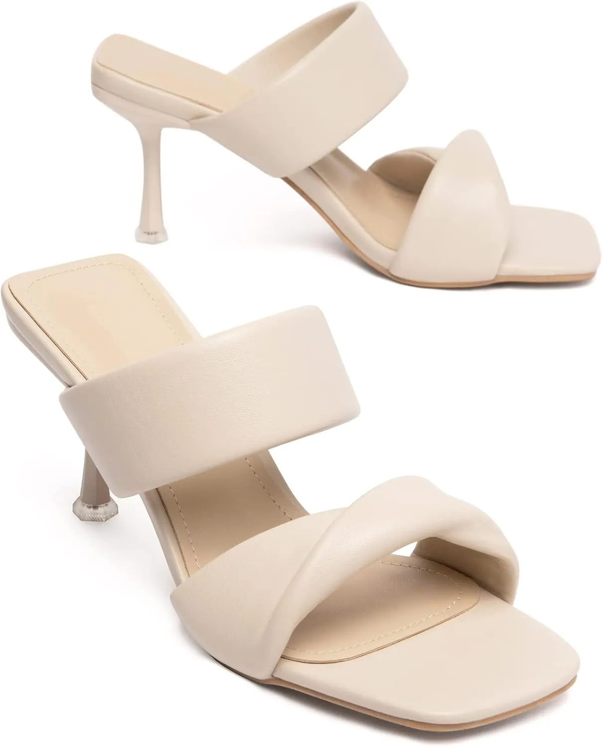 Zelaprox Women's Two Straps Kitten Heeled Slide Sandals Square Open Toe Low Heel Sandals Comfortable Dress Slip On Mules Casual Wedding Dress Shoes