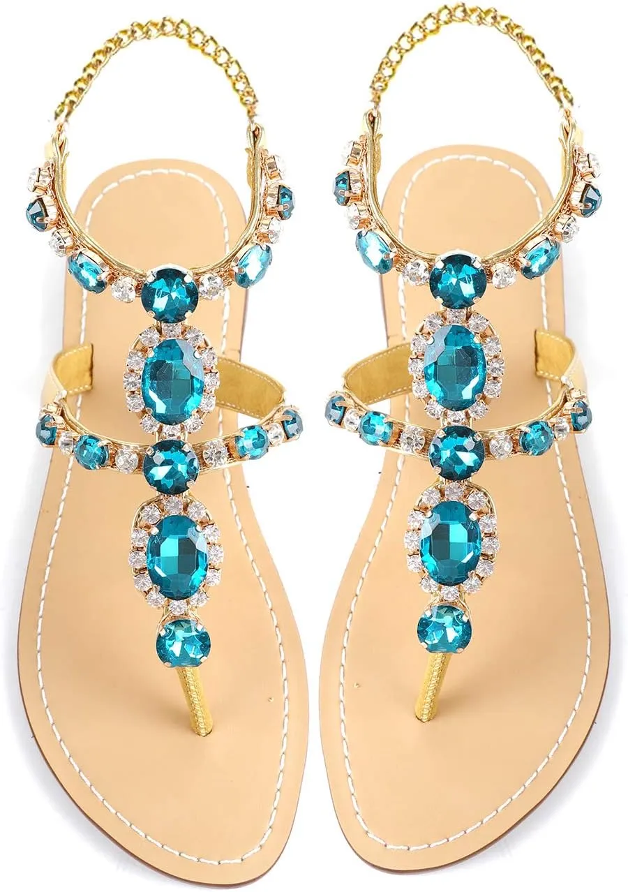 ZhuLinFeng Women'S Rhinestone Gladiator Sandals Flat Wedding Sandals Gem Pearl Sparkling Bridal Bridesmaid Sandals Blue Bohemian Sandals