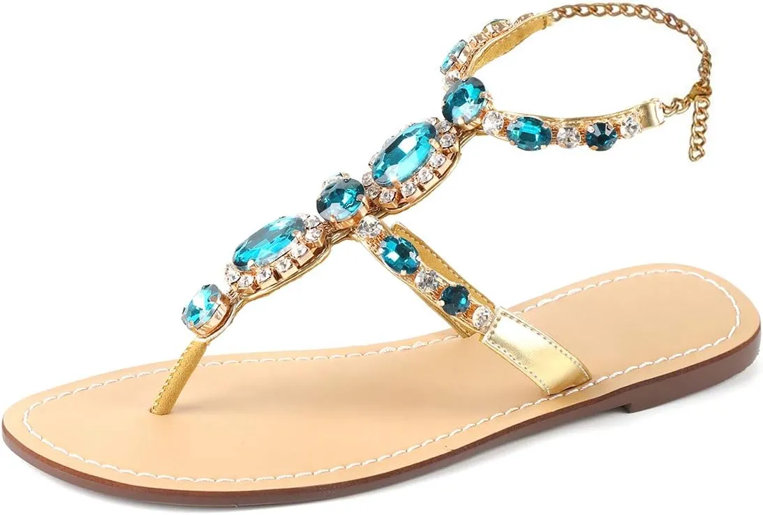 ZhuLinFeng Women'S Rhinestone Gladiator Sandals Flat Wedding Sandals Gem Pearl Sparkling Bridal Bridesmaid Sandals Blue Bohemian Sandals