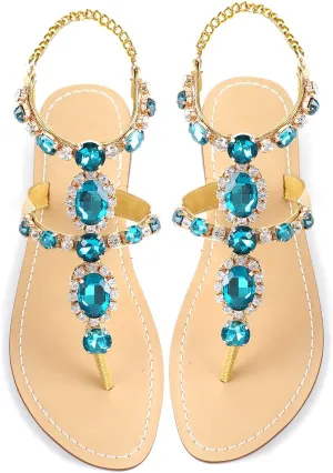 ZhuLinFeng Women'S Rhinestone Gladiator Sandals Flat Wedding Sandals Gem Pearl Sparkling Bridal Bridesmaid Sandals Blue Bohemian Sandals