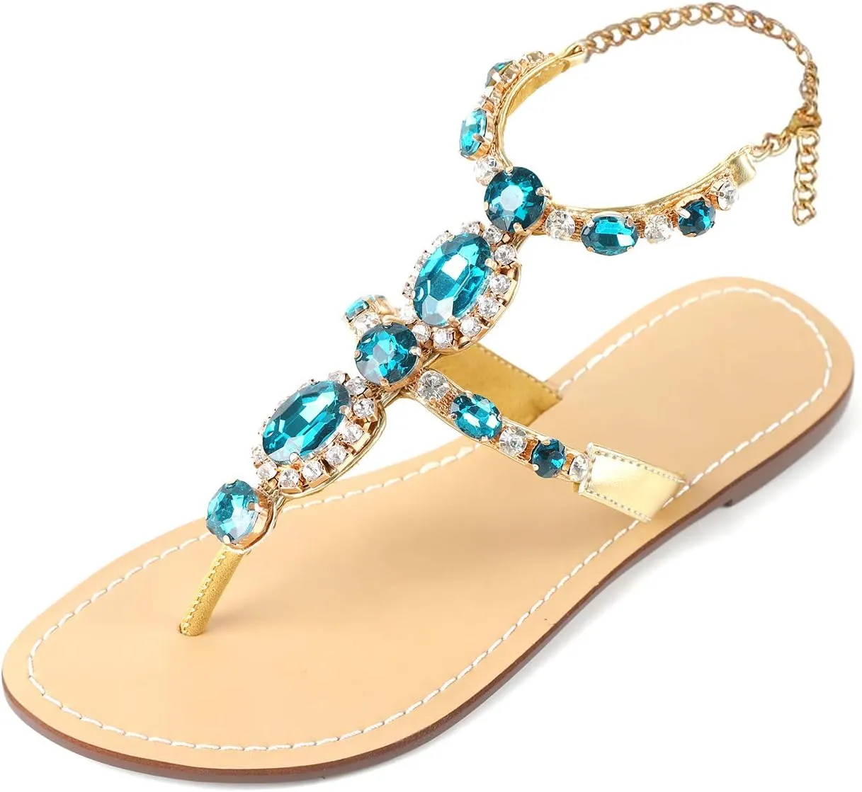 ZhuLinFeng Women'S Rhinestone Gladiator Sandals Flat Wedding Sandals Gem Pearl Sparkling Bridal Bridesmaid Sandals Blue Bohemian Sandals