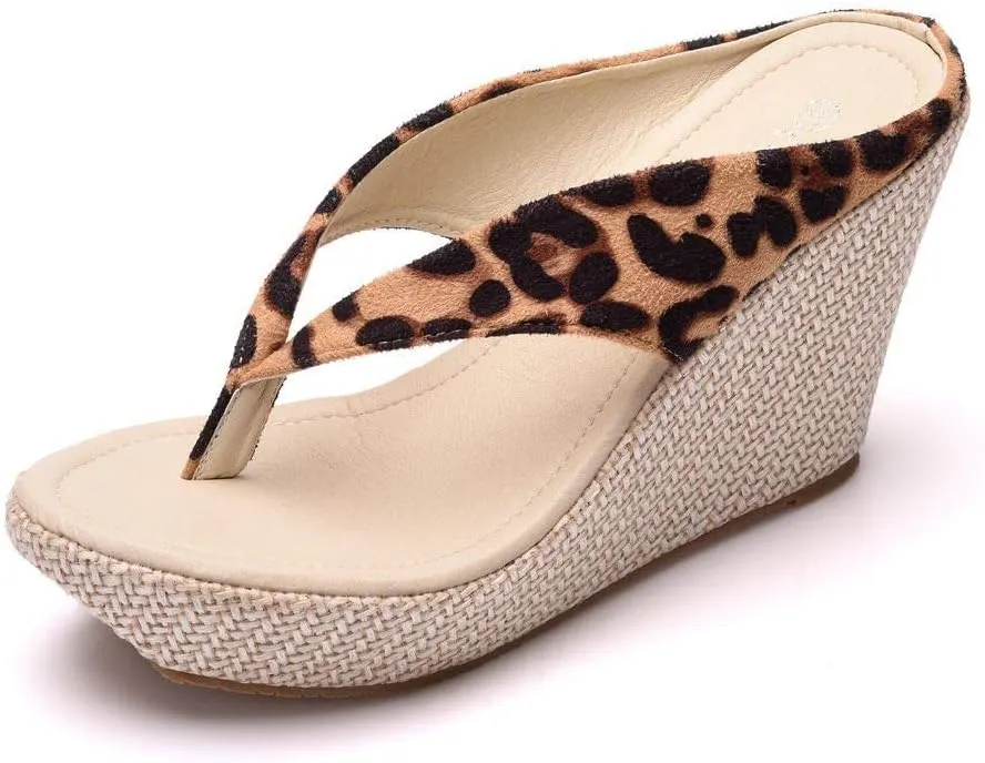 ZOOGEM Women's Embroidery Slides Wedge Sandals Hawaii Beach People Wedge Sandal Open Toe Bohemia Sandals Summer Slippers (B-Leopard Print,8)
