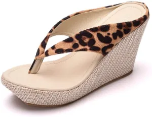 ZOOGEM Women's Embroidery Slides Wedge Sandals Hawaii Beach People Wedge Sandal Open Toe Bohemia Sandals Summer Slippers (B-Leopard Print,8)