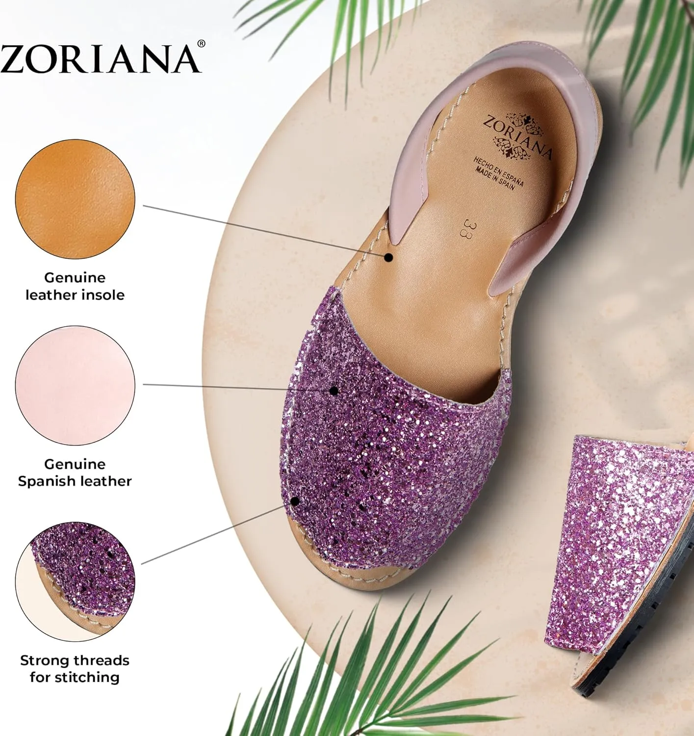 ZORIANA® Sandals for Women Handmade Leather, Dressy, Comfortable Sling Back Shoes Flat - Fashion Exclusively Made in Spain - Avarca Summer Trending Slingback Shoes 2023, 100% Spanish Genuine Leather