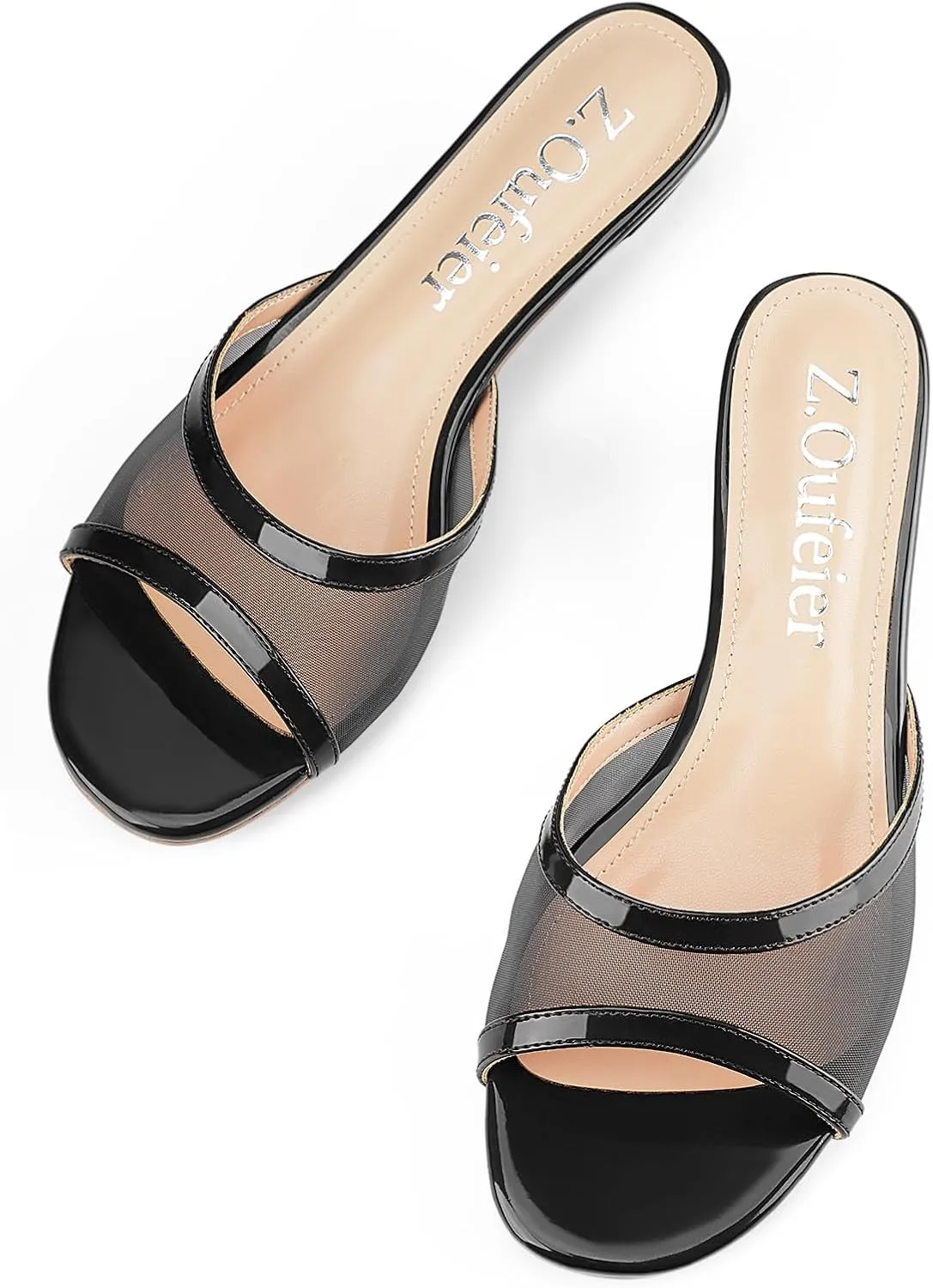 Z.Oufeier Women's Mesh Low Kitten Heeled Slide Sandals Round Open Toe Slip On Mules For Party Dress Wedding