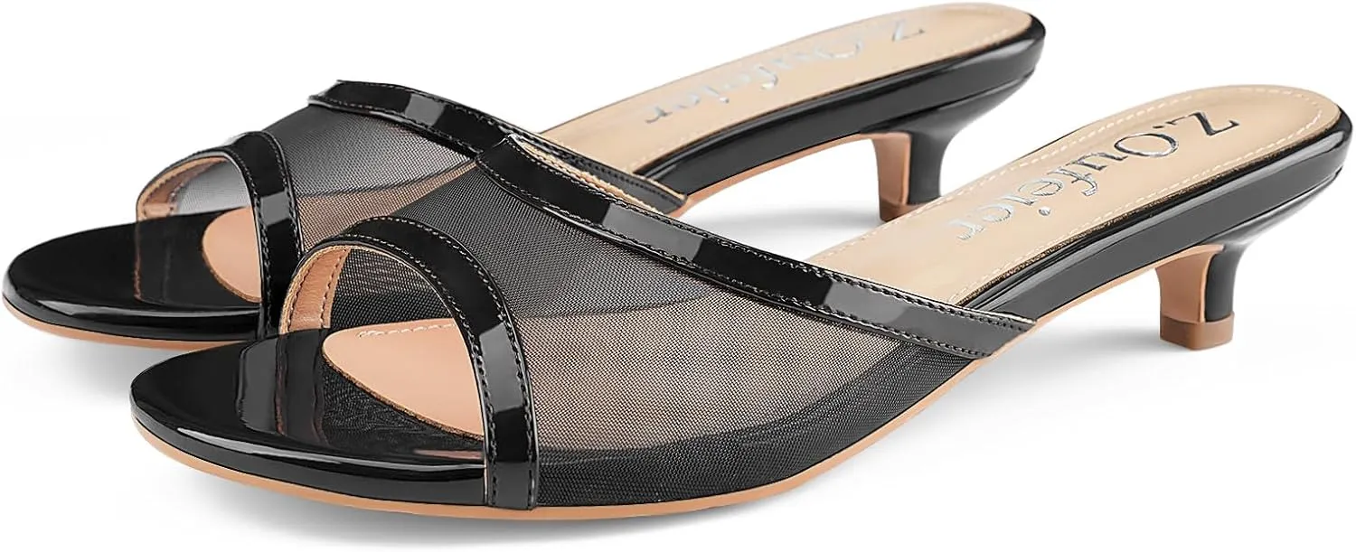 Z.Oufeier Women's Mesh Low Kitten Heeled Slide Sandals Round Open Toe Slip On Mules For Party Dress Wedding