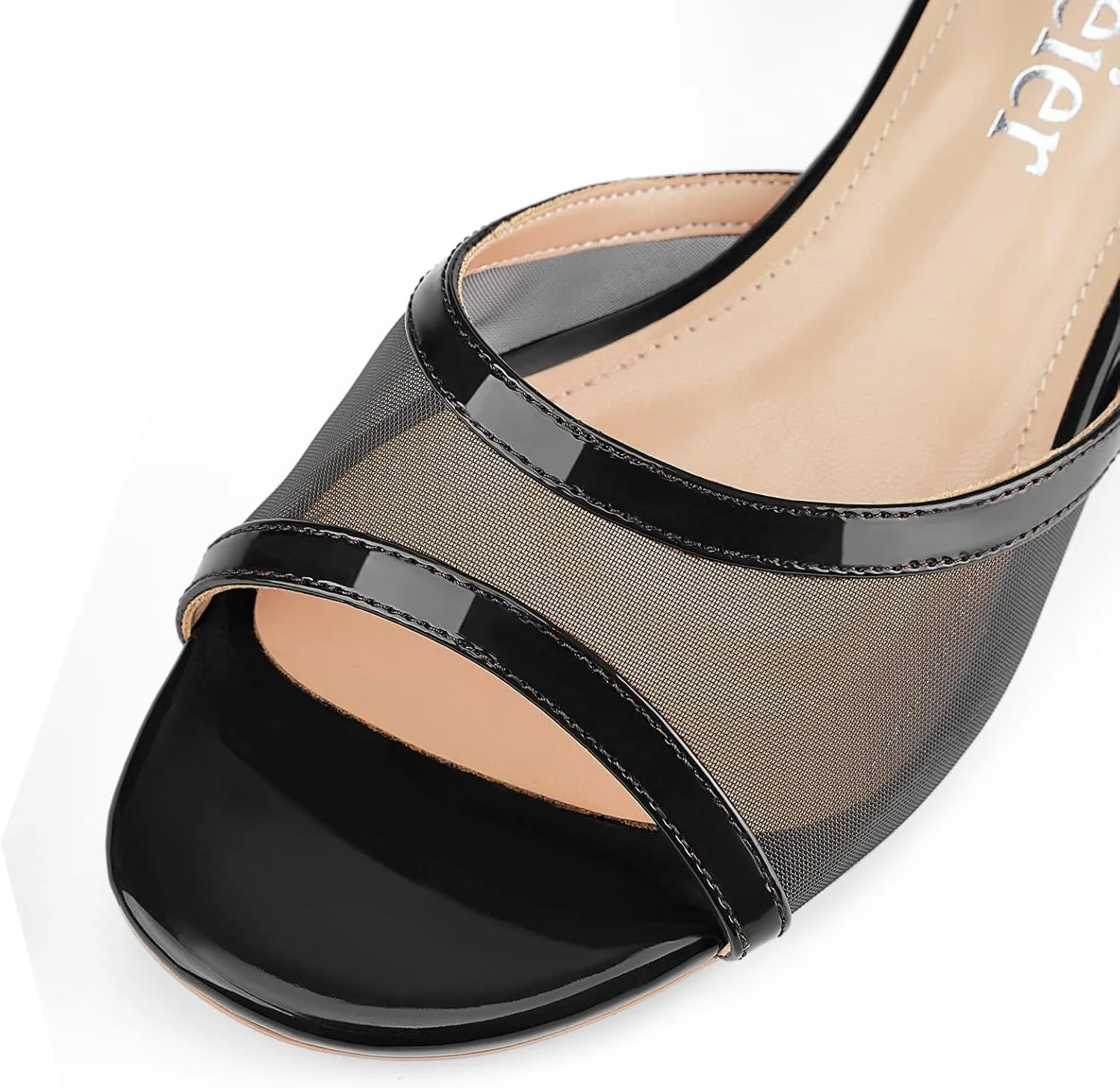 Z.Oufeier Women's Mesh Low Kitten Heeled Slide Sandals Round Open Toe Slip On Mules For Party Dress Wedding