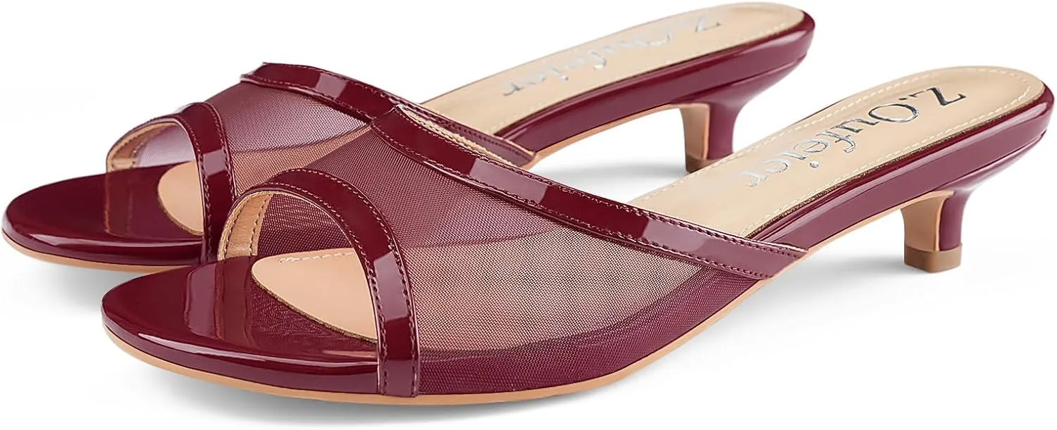 Z.Oufeier Women's Mesh Low Kitten Heeled Slide Sandals Round Open Toe Slip On Mules For Party Dress Wedding