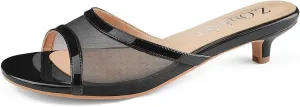 Z.Oufeier Women's Mesh Low Kitten Heeled Slide Sandals Round Open Toe Slip On Mules For Party Dress Wedding