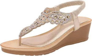 ZSpzx Wedge Sandals for Women Low Heels Summer Dressy Platform Elastic Ankle Strap Open Toe Sandal Womens Thong Rhinestone Comfortable Bohe Beach Slip On Cute Slides Casual Slingback Walking Shoes