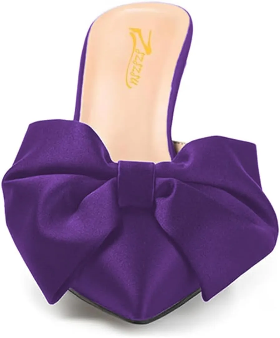 Zszszsu Women's Stiletto Heel Mules Closed Pointed Toe Bow Slide Sandals Elegant Backless Dress Wedding Party Shoes Size 4-16 US