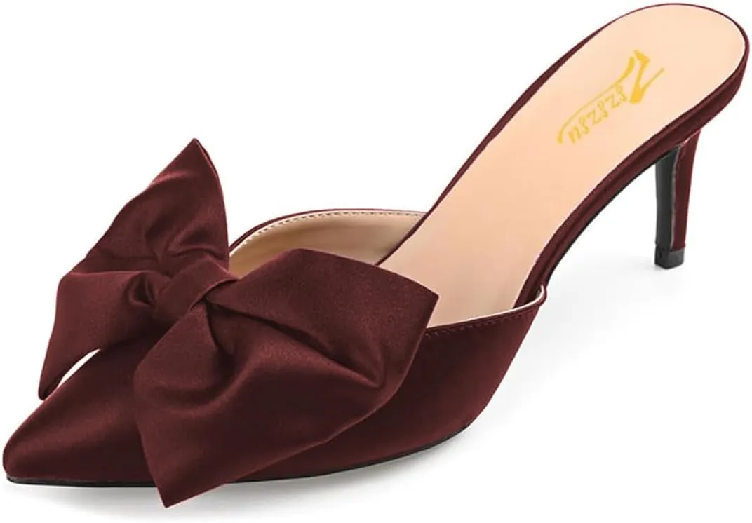 Zszszsu Women's Stiletto Heel Mules Closed Pointed Toe Bow Slide Sandals Elegant Backless Dress Wedding Party Shoes Size 4-16 US