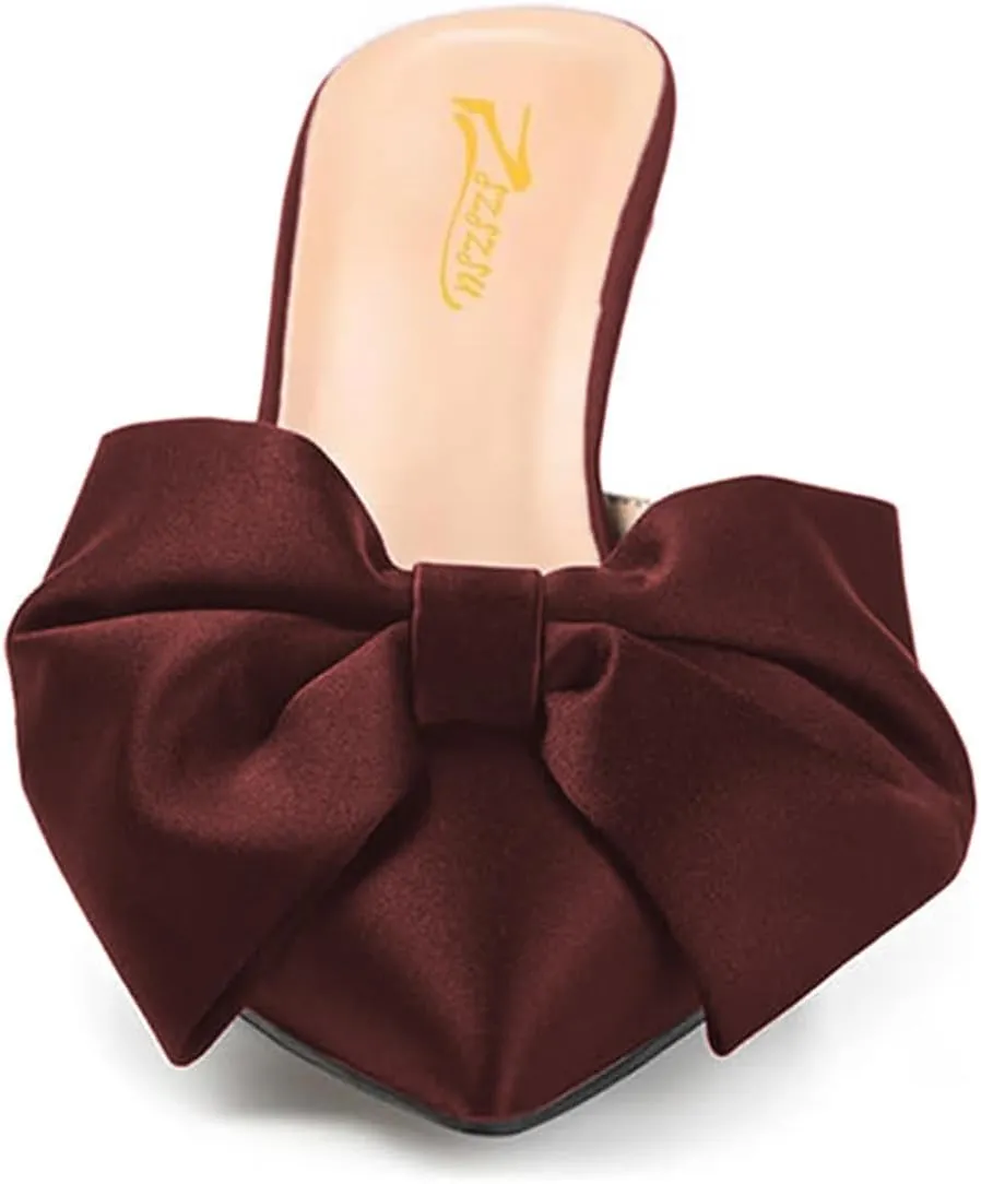 Zszszsu Women's Stiletto Heel Mules Closed Pointed Toe Bow Slide Sandals Elegant Backless Dress Wedding Party Shoes Size 4-16 US