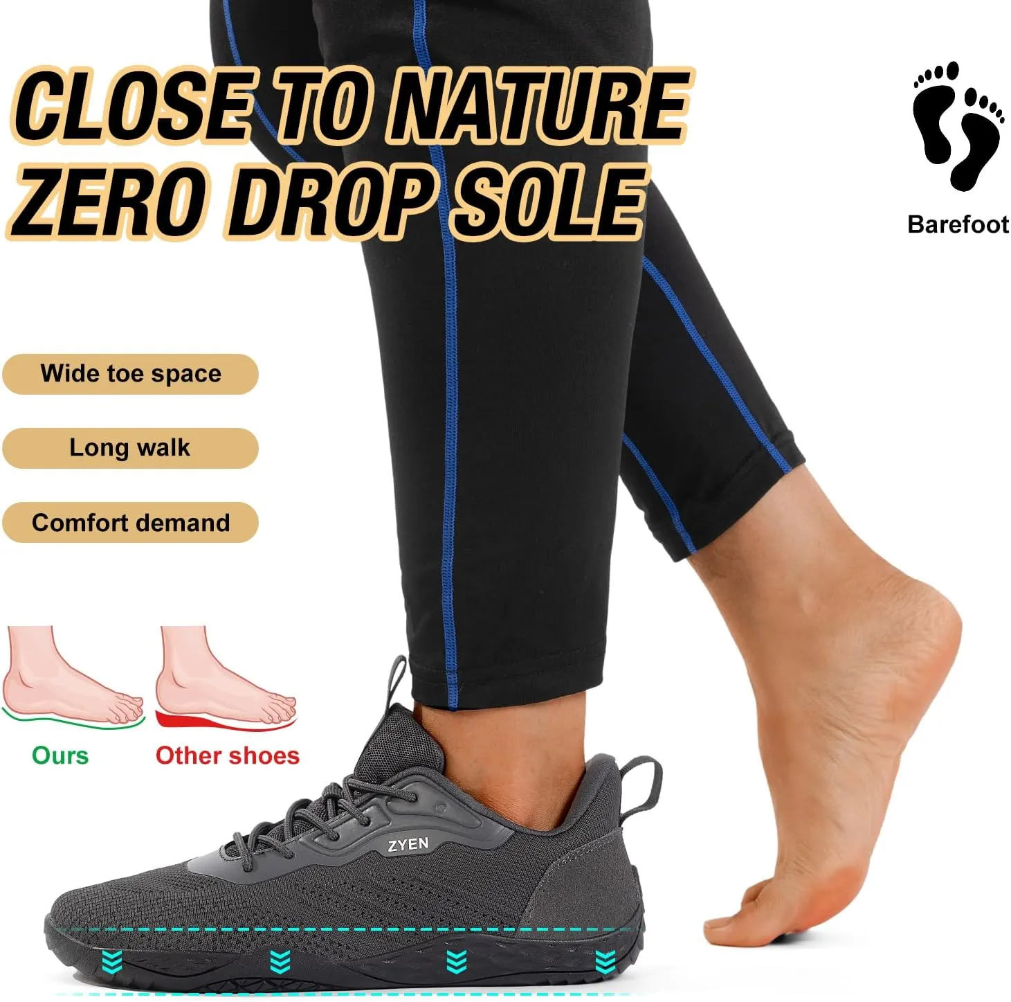ZYEN Mens Barefoot Shoes Wide Toe Box Trail Running Sneakers Zero Drop Non-Slip Extra Wide Width Walking Shoes Minimalist Wrestling Sneakers Gym Trainer 6.5-13